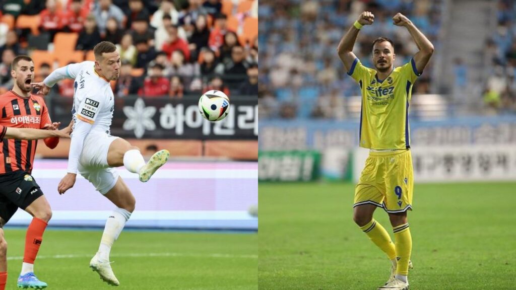 Iljutcenko (trái) và Mugosa (phải), hai cầu thủ dẫn đầu danh sách Vua phá lưới K-League 2024.
