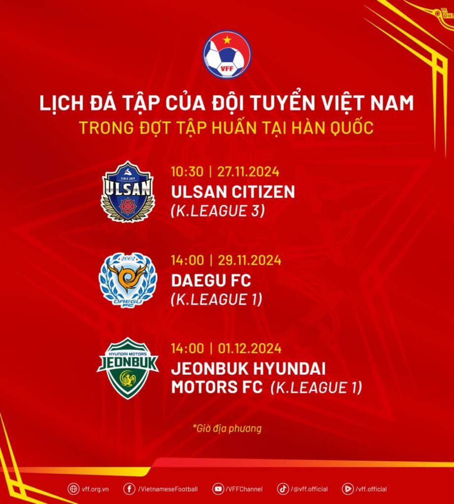 Lịch giao hữu của đội tuyển Việt Nam trong đợt tập huấn tại Hàn Quốc.
