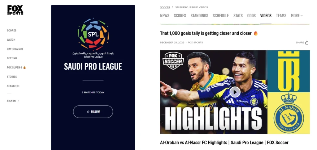 Fox Sports cung cấp highlights các trận đấu Saudi Pro League.